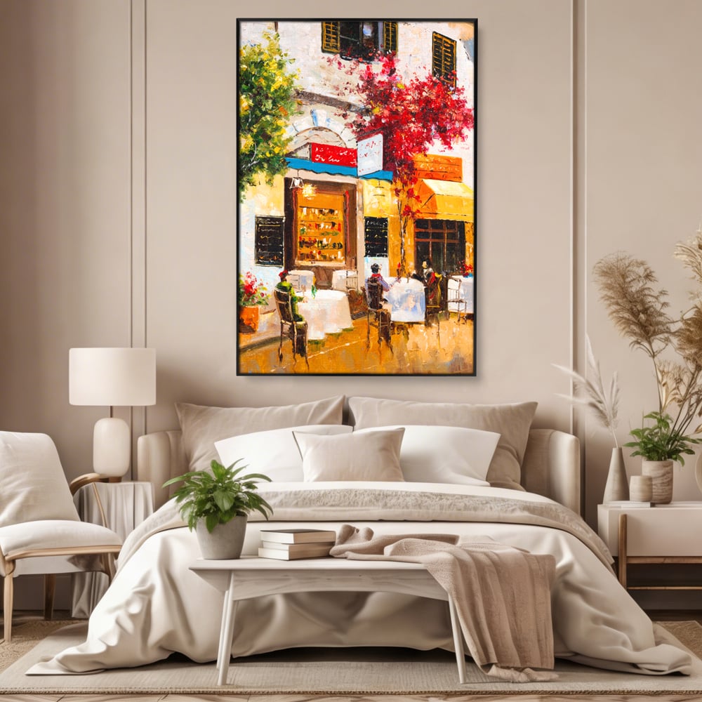 Tablou canvas cu pictura stradala cu terasa, in rama de aluminiu negru, pe perete intr-un dormitor